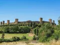 Monteriggioni cosa vedere: imponenti mura medievali con torri quadrate su una collina verdeggiante, sotto un cielo azzurro.