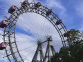 La Ruota Panoramica di Vienna, un'icona per chi cerca cosa vedere a Vienna in 1 giorno, con le sue cabine rosse sotto un cielo azzurro.