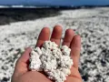 Mano che raccoglie la "spiaggia pop corn" di Fuerteventura, un paesaggio unico di rocce bianche e arrotondate.