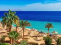 Spiaggia con palme, ombrelloni e mare turchese. Perfetto per scoprire cosa fare a Marsa Alam e rilassarsi.