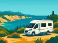 Un camper bianco si gode una vista mozzafiato sulla costa della Corsica, con scogliere dorate e mare turchese.