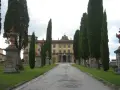 Viale alberato conduce a un palazzo giallo, con statue e fontane, tipico di un borgo a Buggiano.