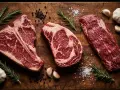 Tre succulente bistecche, tra cui una fiorentina, pronte per essere grigliate a Firenze. Rosmarino, aglio e pepe completano la scena.