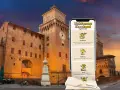 Ferrara cosa vedere in un giorno: una guida digitale mostra colazione, passeggiata e cibo, con il Castello Estense sullo sfondo.