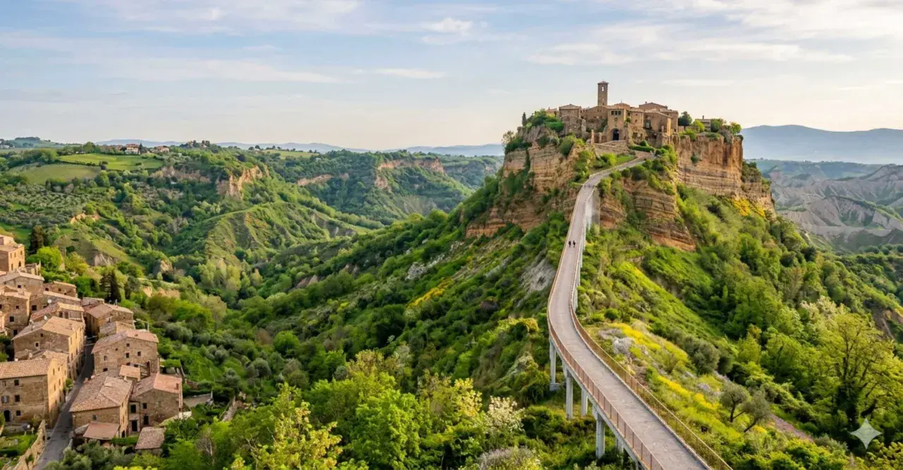 Civita di Bagnoregio, un borgo medievale su un'isola di tufo, raggiungibile tramite un lungo ponte pedonale.