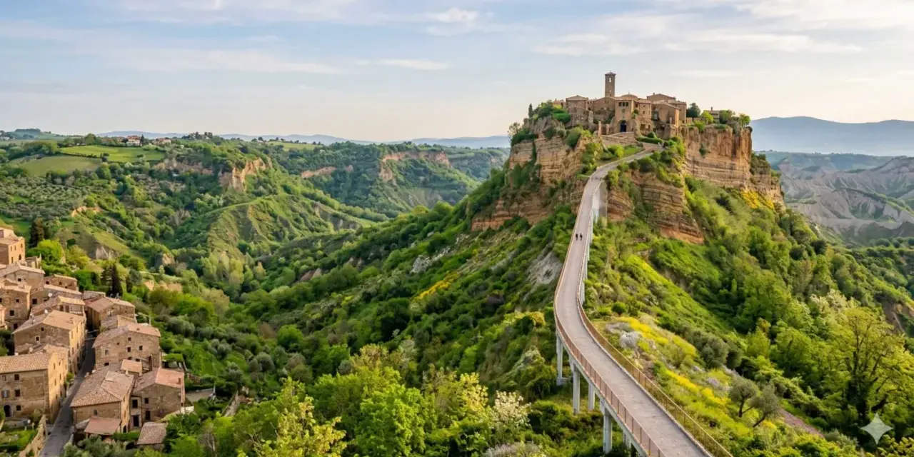 Civita di Bagnoregio, un borgo medievale su un'isola di tufo, raggiungibile tramite un lungo ponte pedonale.