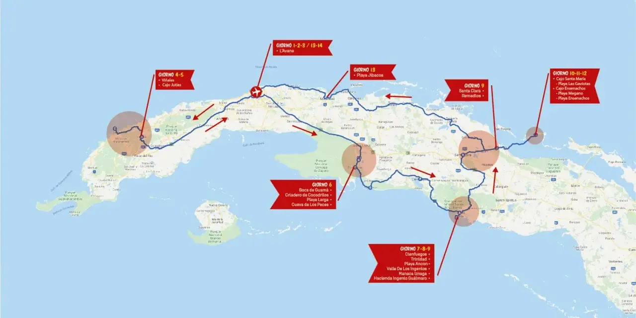 Itinerario di cosa vedere a Cuba: L'Avana, Viñales, Cayo Jutias, Boca de Guamá, Playa Larga, Cienfuegos, Trinidad, Cayo Santa María e altre spiagge.