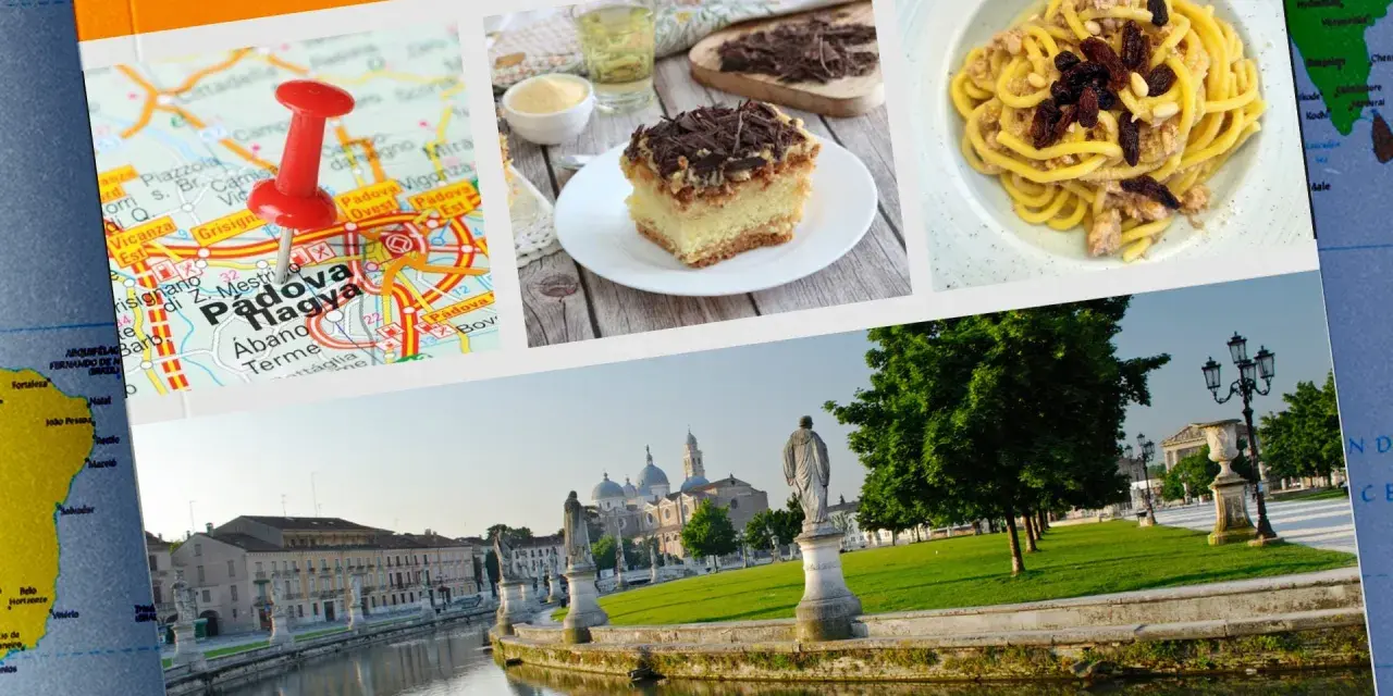 Mappa di Padova con spillo, torta e pasta. Scopri dove mangiare a Padova spendendo poco, tra sapori locali e panorami mozzafiato.