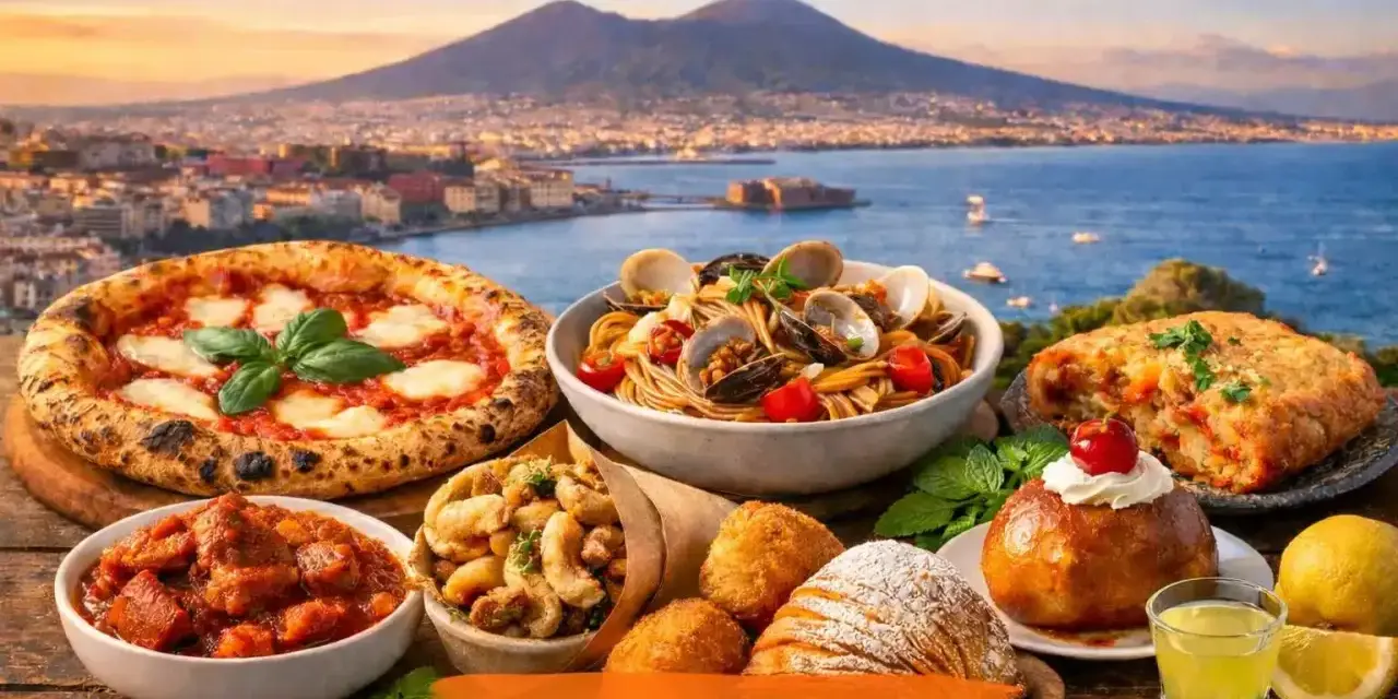 Un assaggio di cosa mangiare a Napoli: pizza, spaghetti alle vongole, fritture, babà e sfogliatella, con il Vesuvio sullo sfondo.