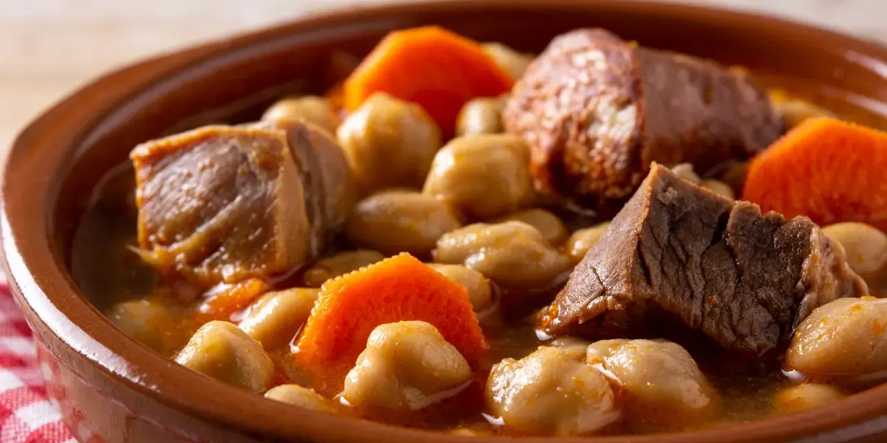 Un saporito cocido madrileño, uno dei piatti tipici di Madrid, con ceci, carne e carote in una ciotola di terracotta.