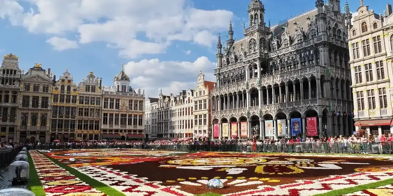 Tappeto di fiori a Bruxelles, un'idea per cosa vedere a Bruxelles in 3 giorni. Grand Place con architetture storiche e folla.