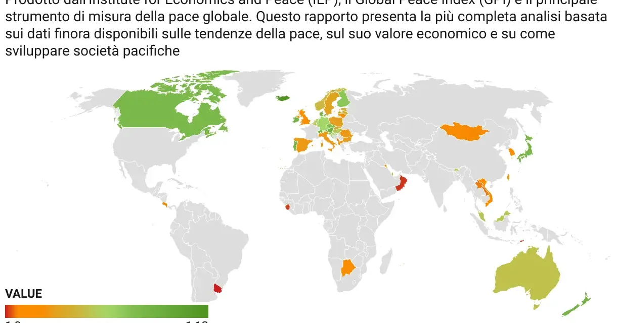 Mappa del mondo che evidenzia i paesi più sicuri, con tonalità verdi per le nazioni più pacifiche e arancioni/rosse per quelle meno sicure.