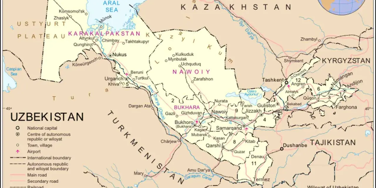 La mappa mostra dove si trova l'Uzbekistan, circondato da Kazakistan, Kirghizistan, Tagikistan, Afghanistan e Turkmenistan, con il Mar d'Aral a nord.