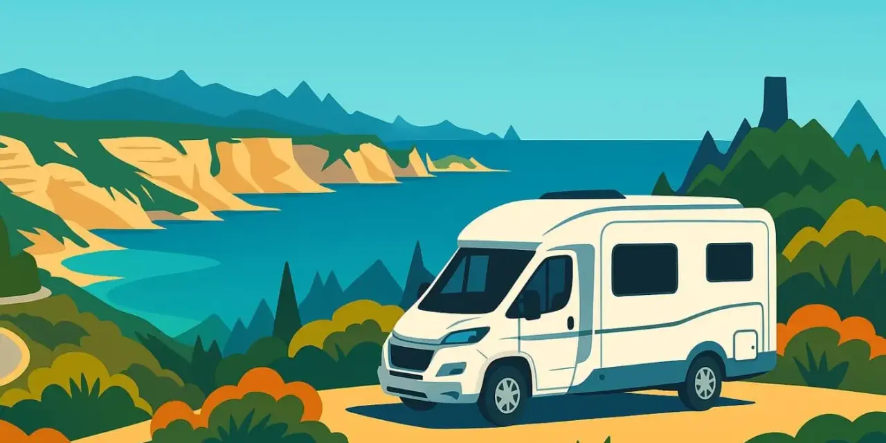 Un camper bianco si gode una vista mozzafiato sulla costa della Corsica, con scogliere dorate e mare turchese.