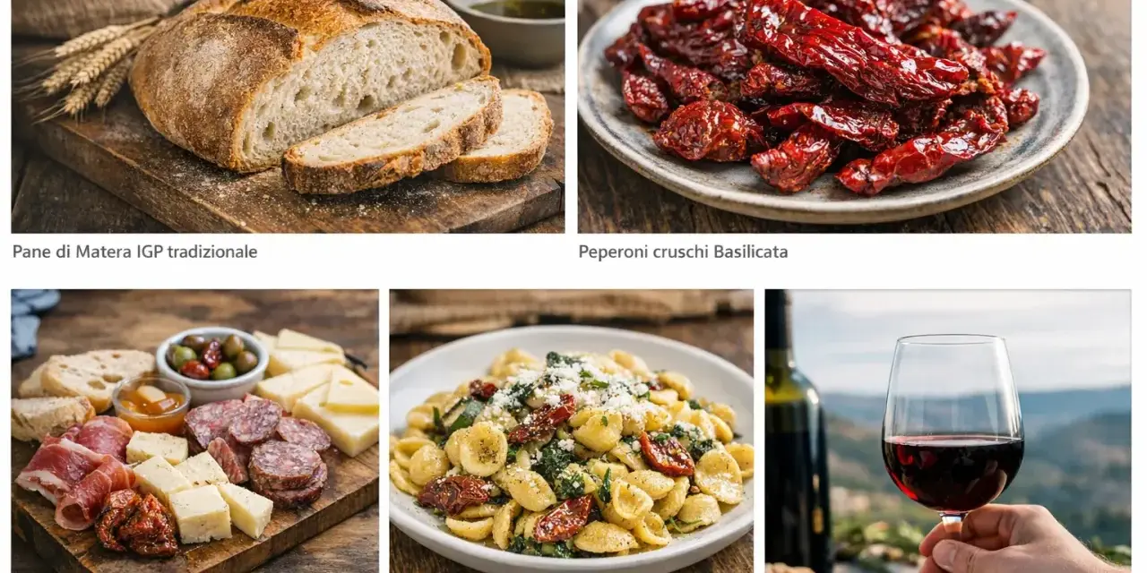 Pane di Matera, orecchiette e salumi: un assaggio dei piatti tipici di Matera, con peperoni cruschi e vino Aglianico.