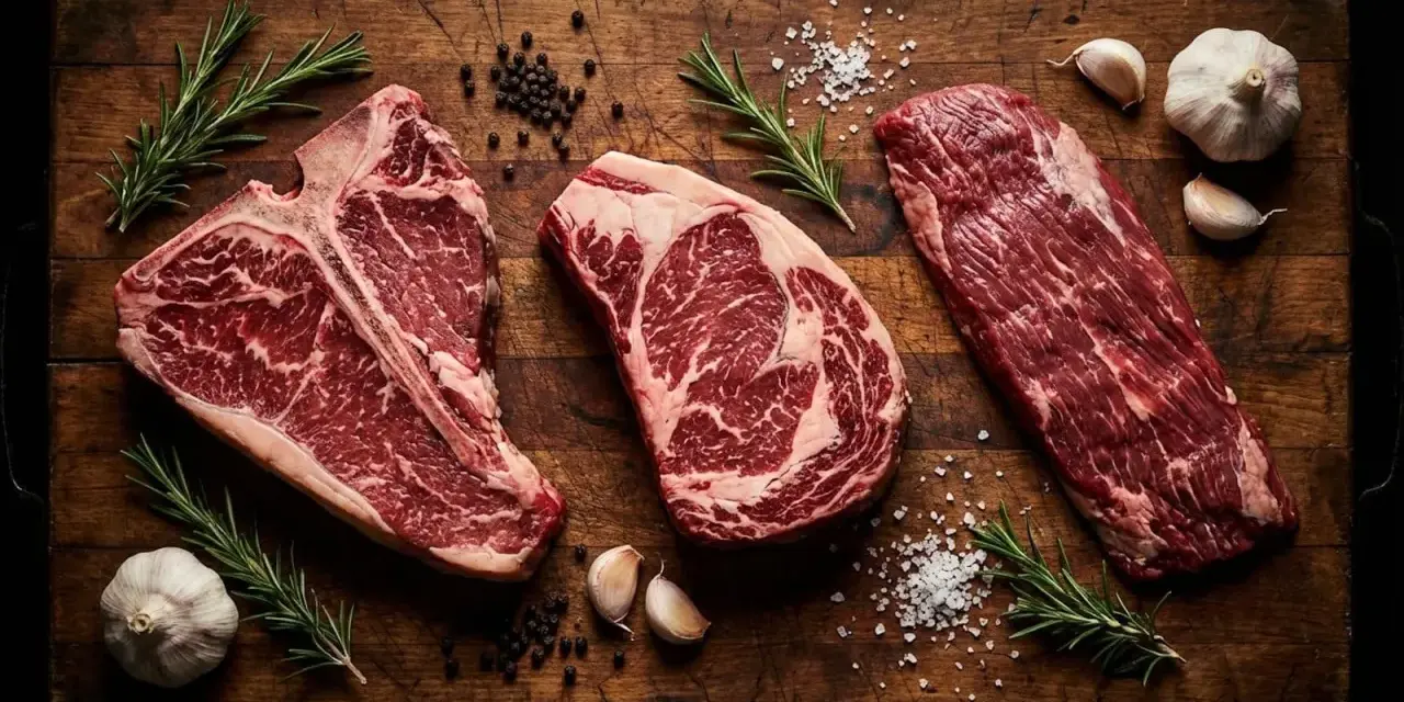 Tre succulente bistecche, tra cui una fiorentina, pronte per essere grigliate a Firenze. Rosmarino, aglio e pepe completano la scena.