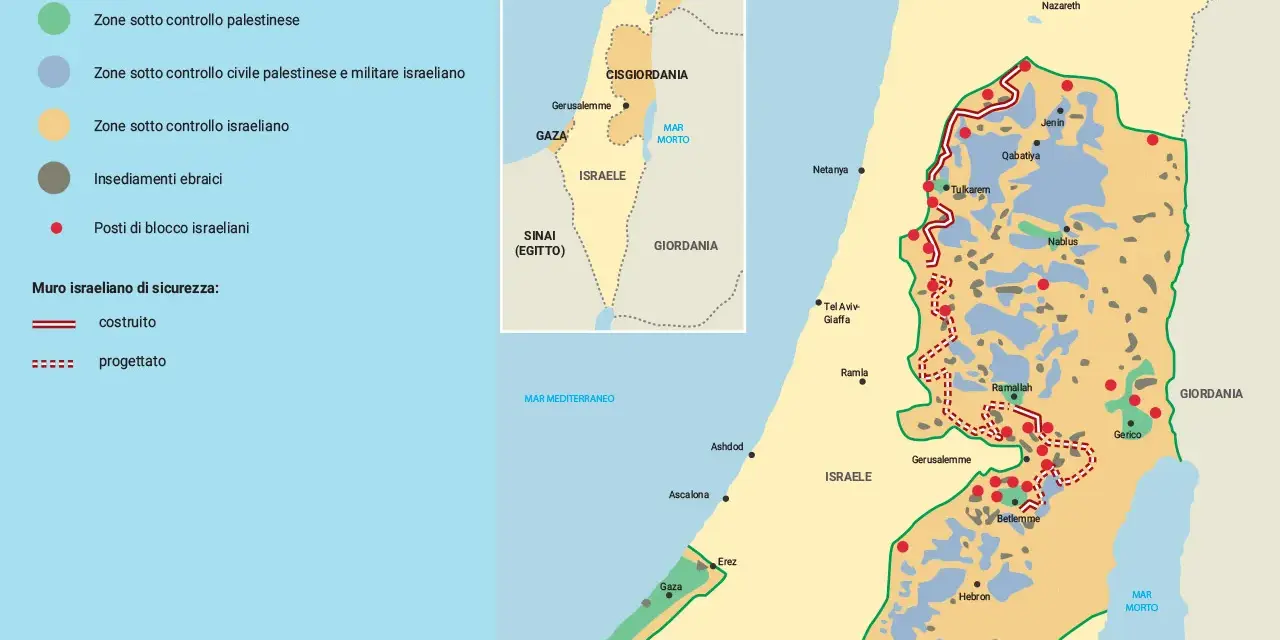 Mappa che illustra dove si trova la Palestina, con zone sotto controllo palestinese, israeliano e insediamenti.