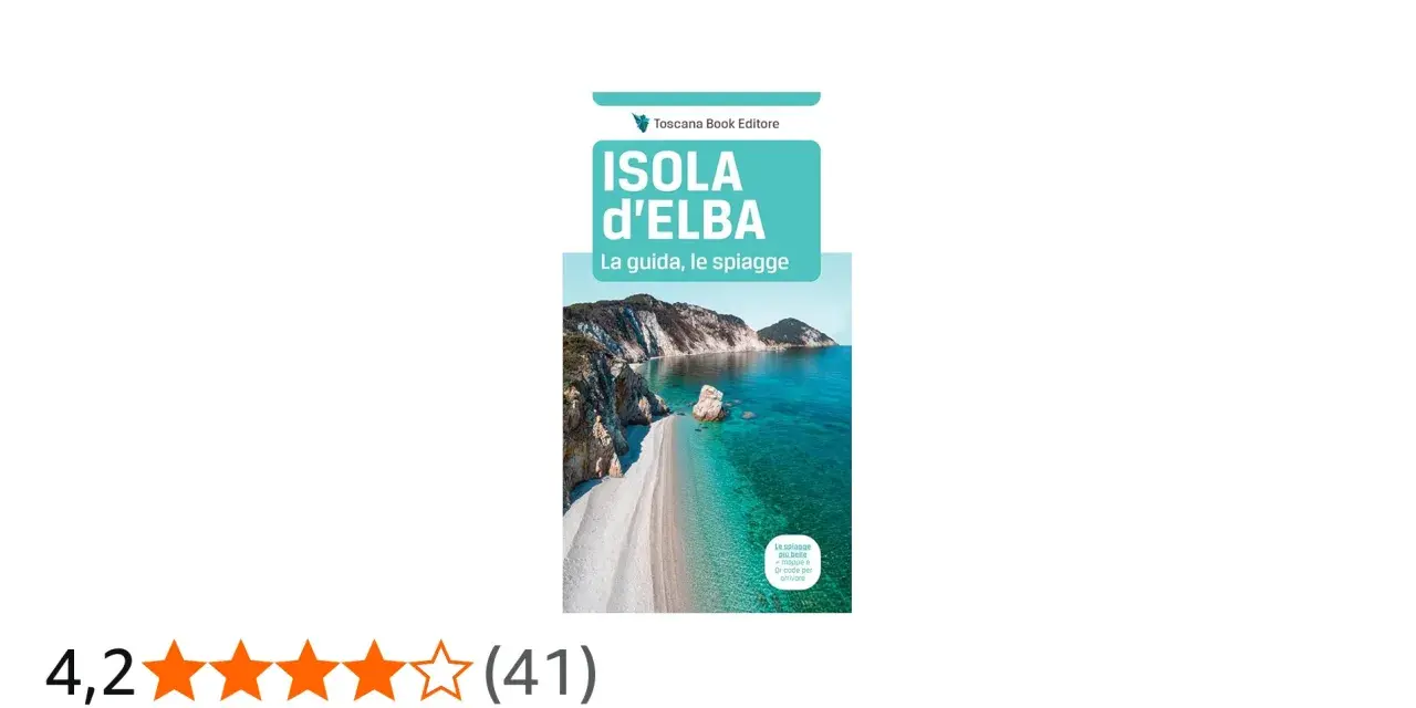 Copertina guida "Isola d'Elba: La guida, le spiagge", con foto di una spiaggia incantevole e mare cristallino.