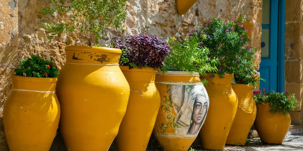 Vasi gialli decorati con un volto femminile, piante rigogliose e un muro in pietra: scorci suggestivi di Bagheria cosa vedere.