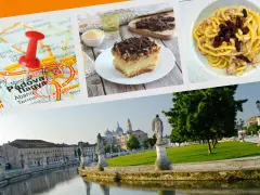 Mappa di Padova con spillo, torta e pasta. Scopri dove mangiare a Padova spendendo poco, tra sapori locali e panorami mozzafiato.