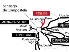 Mappa del Cammino di Santiago: da dove parte il cammino? Diverse vie come l'Inglese, il Primitivo, l'Espiritual, Muxia-Finisterre e d'Inverno convergono verso Santiago de Compostela.