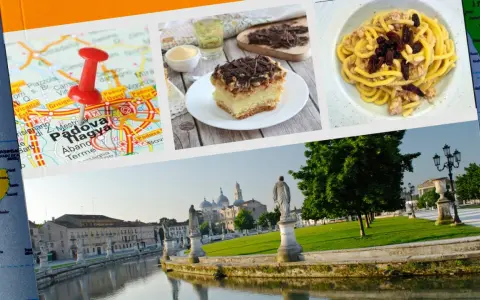 Mappa di Padova con spillo, torta e pasta. Scopri dove mangiare a Padova spendendo poco, tra sapori locali e panorami mozzafiato.
