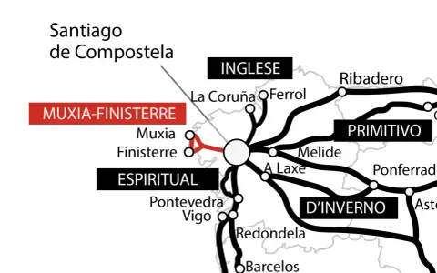 Mappa del cammino di Santiago con varie rotte: Inglese, Primitivo, D'Inverno, Spirituale e Muxia-Finisterre.