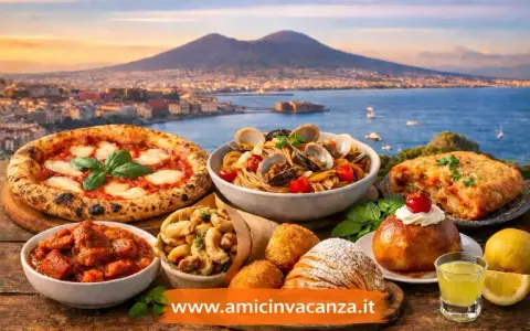 Un assaggio di cosa mangiare a Napoli: pizza, spaghetti alle vongole, fritture, babà e sfogliatella, con il Vesuvio sullo sfondo.
