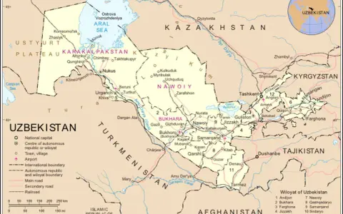 La mappa mostra dove si trova l'Uzbekistan, circondato da Kazakistan, Kirghizistan, Tagikistan, Afghanistan e Turkmenistan, con il Mar d'Aral a nord.
