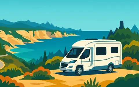 Un camper bianco si gode una vista mozzafiato sulla costa della Corsica, con scogliere dorate e mare turchese.