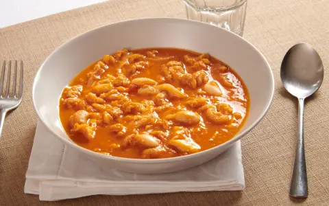 Piatto tipico pisano: trippa alla pisana in un bianco piatto, servita con forchetta e cucchiaio.