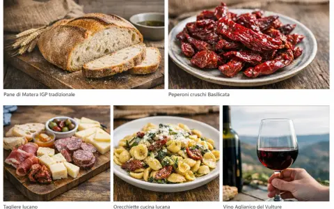 Pane di Matera, orecchiette e salumi: un assaggio dei piatti tipici di Matera, con peperoni cruschi e vino Aglianico.