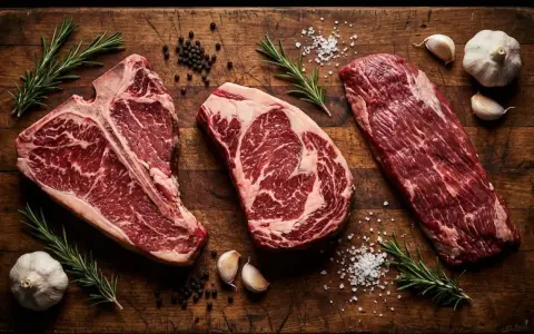 Tre succulente bistecche, tra cui una fiorentina, pronte per essere grigliate a Firenze. Rosmarino, aglio e pepe completano la scena.