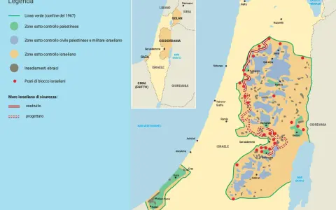 Mappa che illustra dove si trova la Palestina, con zone sotto controllo palestinese, israeliano e insediamenti.