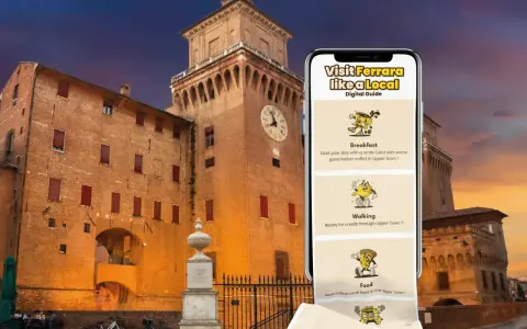 Ferrara cosa vedere in un giorno: una guida digitale mostra colazione, passeggiata e cibo, con il Castello Estense sullo sfondo.