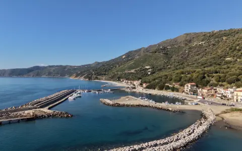Marina di Pisciotta, con il suo porto turistico e le case aggrappate alla collina verdeggiante, sotto un cielo azzurro.
