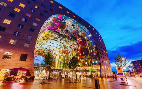 Il Markthal di Rotterdam, un'opera architettonica unica con un soffitto decorato, è un must per chi cerca cosa vedere a Rotterdam.