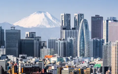 Skyline di grattacieli moderni con il Monte Fuji innevato sullo sfondo, un panorama iconico della citta piu popolata al mondo.
