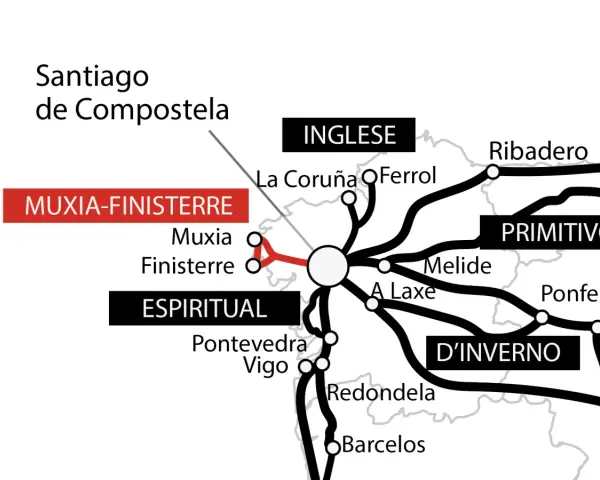 Mappa del cammino di Santiago con varie rotte: Inglese, Primitivo, D'Inverno, Spirituale e Muxia-Finisterre.