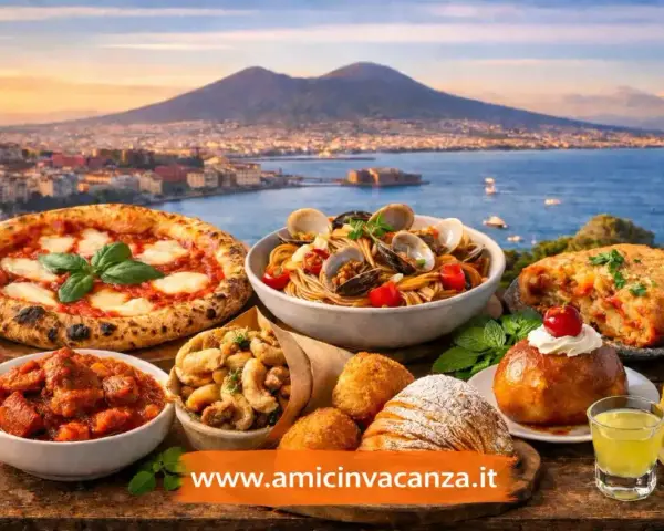 Un assaggio di cosa mangiare a Napoli: pizza, spaghetti alle vongole, fritture, babà e sfogliatella, con il Vesuvio sullo sfondo.