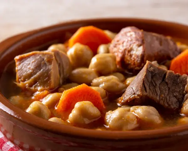 Un saporito cocido madrileño, uno dei piatti tipici di Madrid, con ceci, carne e carote in una ciotola di terracotta.