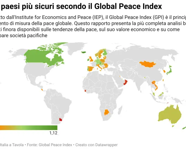 Mappa del mondo che evidenzia i paesi più sicuri, con tonalità verdi per le nazioni più pacifiche e arancioni/rosse per quelle meno sicure.