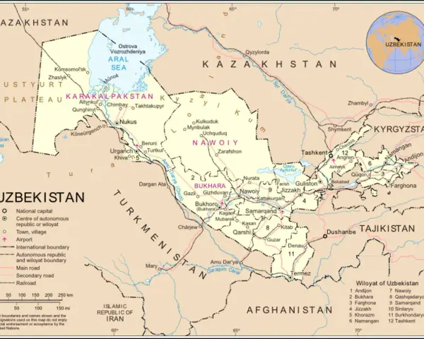 La mappa mostra dove si trova l'Uzbekistan, circondato da Kazakistan, Kirghizistan, Tagikistan, Afghanistan e Turkmenistan, con il Mar d'Aral a nord.