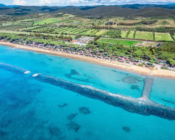 Vista aerea di una spiaggia dorata e del mare cristallino a Castiglione della Pescaia, con pineta e campi verdi sullo sfondo.