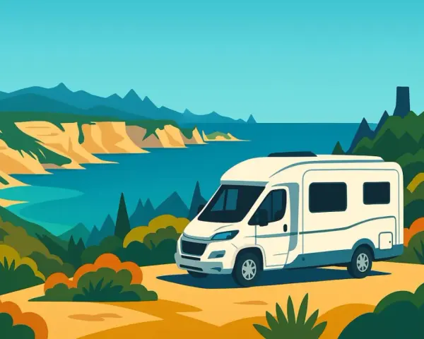 Un camper bianco si gode una vista mozzafiato sulla costa della Corsica, con scogliere dorate e mare turchese.