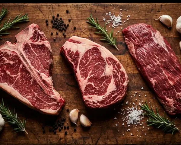 Tre succulente bistecche, tra cui una fiorentina, pronte per essere grigliate a Firenze. Rosmarino, aglio e pepe completano la scena.