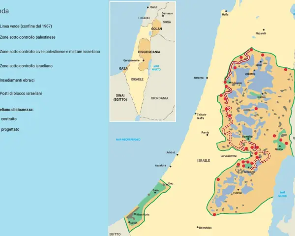 Mappa che illustra dove si trova la Palestina, con zone sotto controllo palestinese, israeliano e insediamenti.