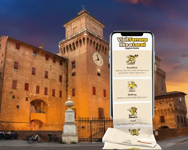 Ferrara cosa vedere in un giorno: una guida digitale mostra colazione, passeggiata e cibo, con il Castello Estense sullo sfondo.