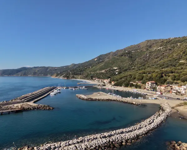 Marina di Pisciotta, con il suo porto turistico e le case aggrappate alla collina verdeggiante, sotto un cielo azzurro.