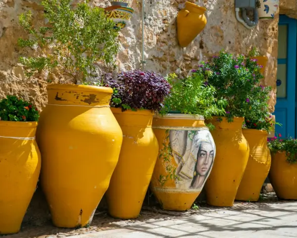 Vasi gialli decorati con un volto femminile, piante rigogliose e un muro in pietra: scorci suggestivi di Bagheria cosa vedere.